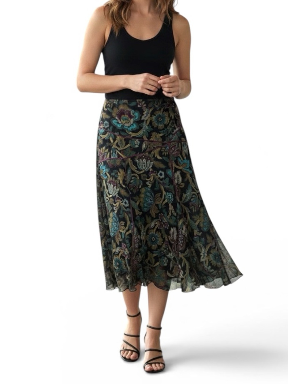 Coldwater Creek 100% Silk Flowy Whimsy Floral Skirt size 16